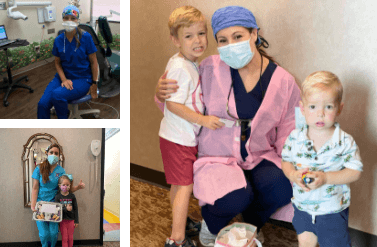 Three images of pediatric dental team members with patients