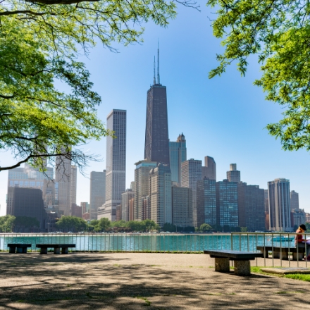 View of Chicago skyline across the lake