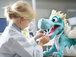 Little girl playing dentist with a blue plush dragon